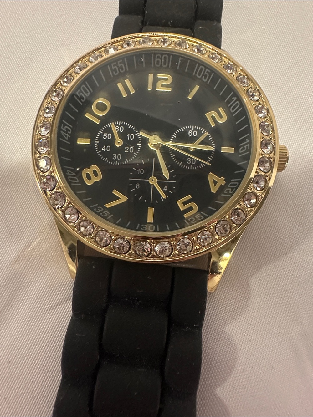 Gold-Tone Crystal Bezel Black Dial Watch
